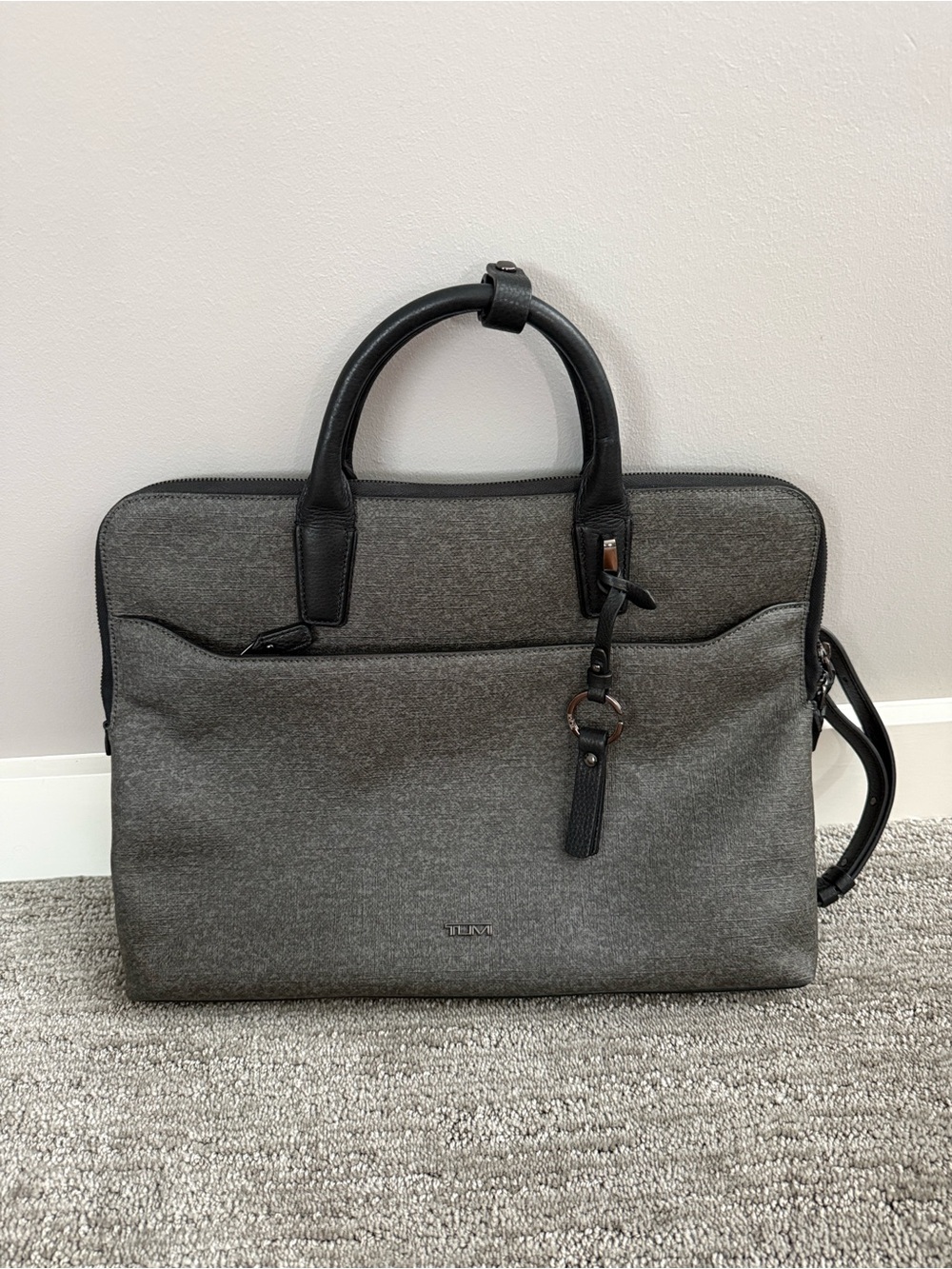 TUMI Stanton Anita Portfolio Slim Laptop Briefcase- Earl Gray & Black Leather